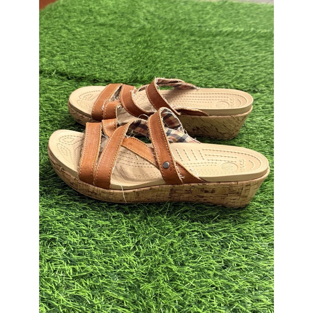 Crocs A-Leigh Mini Leather Wedges Brown Neutral Coastal Strappy Women's 7